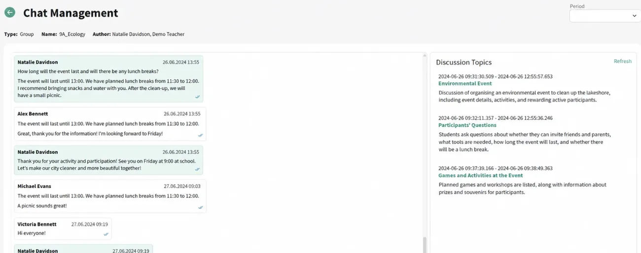 Chat management screen with a list of discussion topics found by Mojo AI