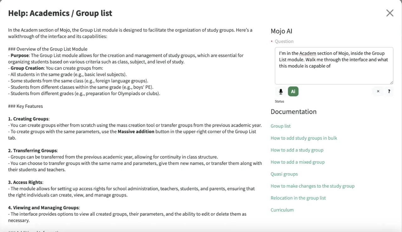 Help window: Mojo AI explains the Group list module and links to documentation