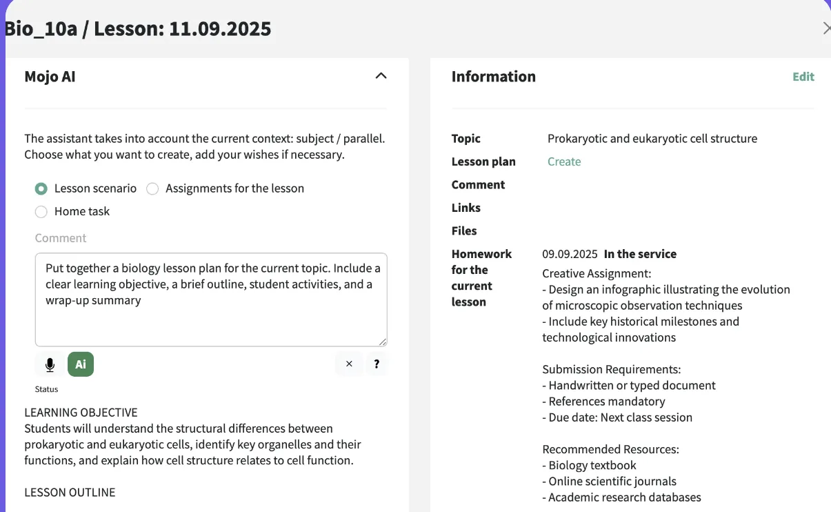 Mojo AI panel in a Biology lesson: a prompt and the lesson plan it produced
