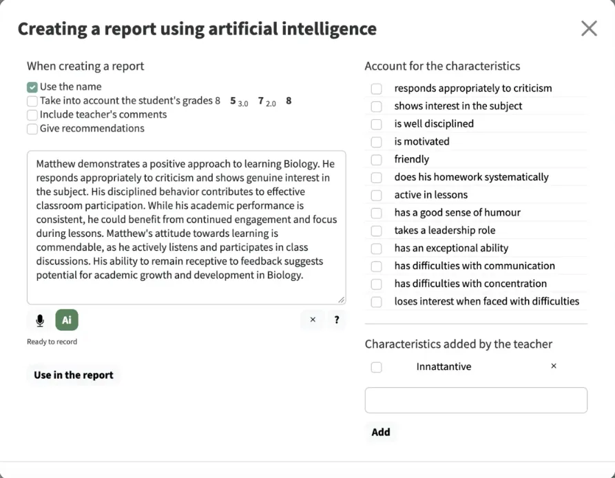 Creating a report comment with AI: options on the left, the drafted comment, student characteristics on the right