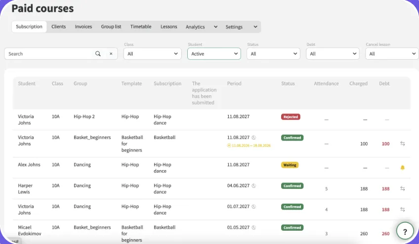 Paid courses: subscriptions with status, attendance and charges