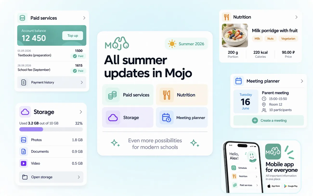 Collage of the summer updates: paid services, storage, nutrition, meeting planner and the mobile app