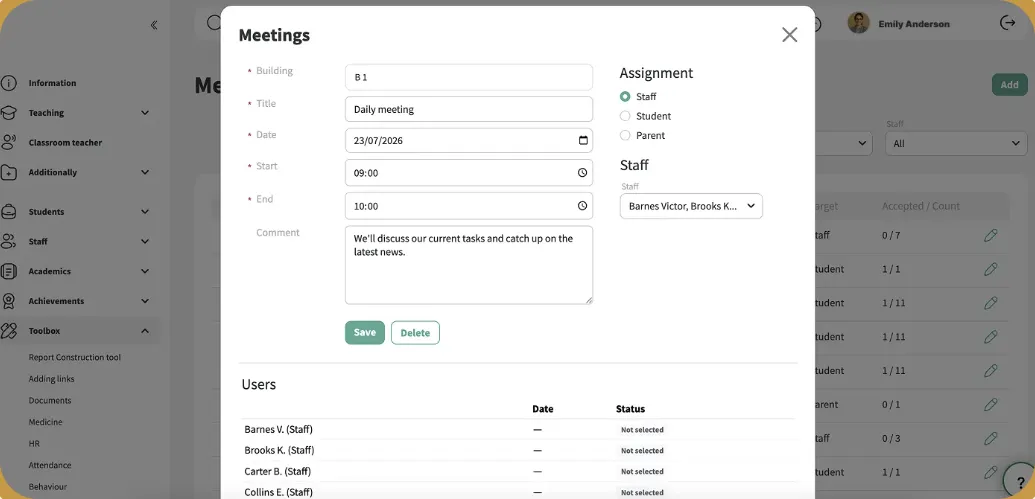 Meeting form with date, time, participants and their responses