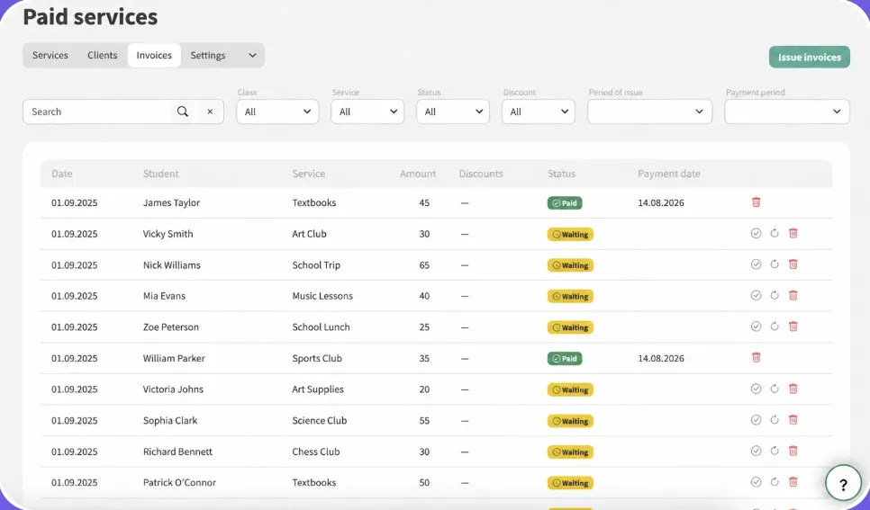 Paid services: a list of invoices with their payment status