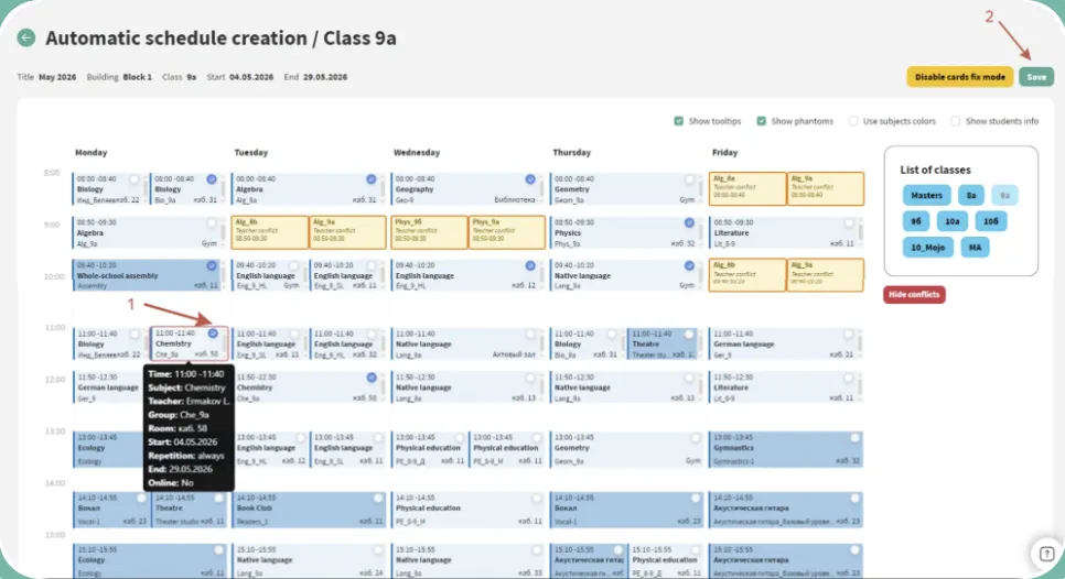 Automatic schedule creation for class 9a, with conflicts highlighted